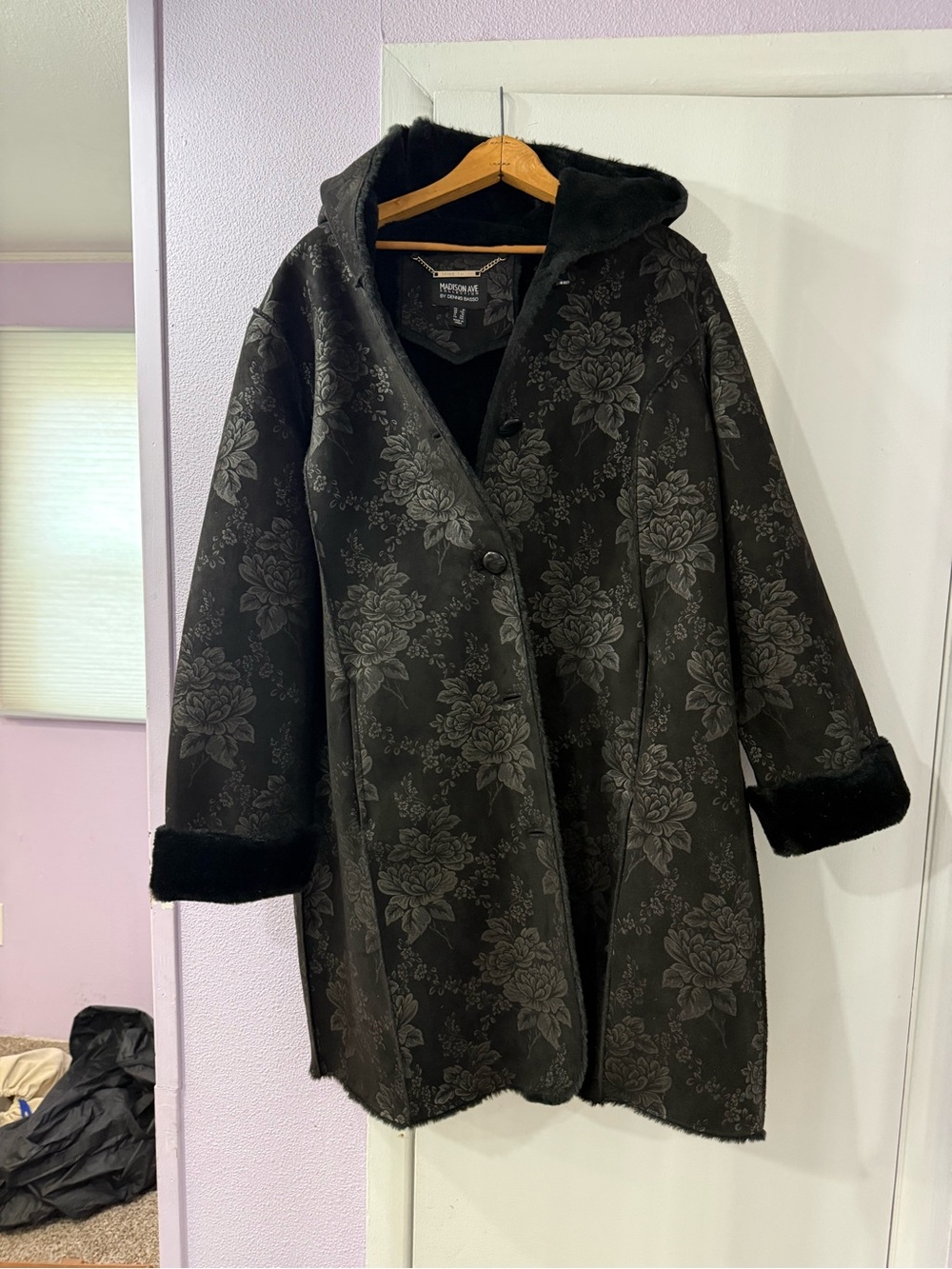 dennis basso Black Floral Hooded Pea Coat
